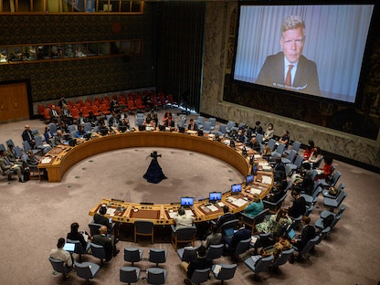 المبعوث الأممي إلى اليمن هانس جروندبرج يخاطب جلسة لمجلس الأمن الدولي عن بعد. 15 أغسطس 2022. - AFP