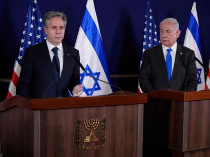 رئيس الوزراء الإسرائيلي بنيامين نتنياهو ووزير الخارجية الأميركي أنتوني بلينكن خلال مؤتمر صحافي في تل أبيب. 12 أكتوبر 2023 - AFP