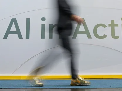 شخص يمر أمام جدارية تحمل شعار AI in Action في معرض هانوفر بألمانيا. 31 مارس 2025 - Reuters