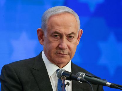 رئيس الوزراء الإسرائيلي بنيامين نتنياهو يلقي كلمة أمام مؤتمر رؤساء المنظمات اليهودية الأميركية الكبرى في القدس. 18 فبراير 2024 - REUTERS