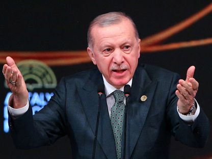 الرئيس التركي رجب طيب أردوغان يلقي كلمة خلال منتدى أنطاليا الدبلوماسي في أنطاليا، تركيا. 11 أبريل 2025 - REUTERS