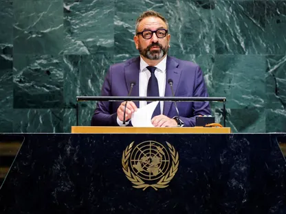 لوكا بيكاري وزير خارجية سان مارينو يعلن الاعتراف بدولة فلسطين خلال إلقاء كلمة بلاده بالأمم المتحدة، 27 سبتمبر 2025 - REUTERS