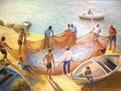 لوحة الصيد العجيب للفنان المصري فريد فاضل. نوفمبر 2025 (تصوير: فادي فرنسيس) - الشرق