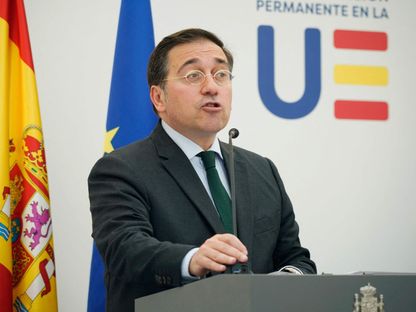 وزير الخارجية الإسباني خوسيه مانويل ألباريس خلال مؤتر صحافي في بروكسل. 26 مايو 2024 - AFP