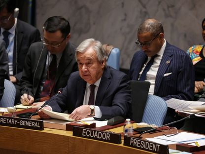 الأمين العام للأمم المتحدة أنطونيو جوتيريش يلقي كلمة أمام مجلس الأمن بشأن الحرب على غزة، نيويورك. 8 ديسمبر 2023 - Reuters