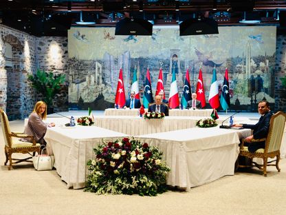 الرئيس التركي رجب طيب أردوغان يجتمع مع رئيسة الوزراء الإيطالية جورجيا ميلوني ورئيس حكومة الوحدة الوطنية الليبية المقالة من البرلمان عبد الحميد الدبيبة في إسطنبول بتركيا. 1 أغسطس 2025 - X@GiorgiaMeloni