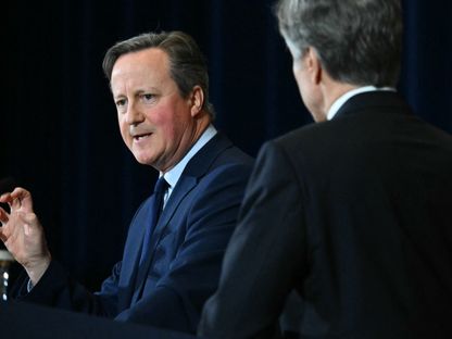 وزير الخارجية البريطاني ديفيد كاميرون في مؤتمر صحافي مشترك مع نظيره الأميركي أنتوني بلينكن بواشنطن. 9 أبريل 2024 - AFP