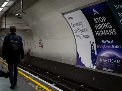 إعلن عن الذكاء الاصطناعي داخل محطة مترو في لندن. 5 يونيو 2025 - Reuters