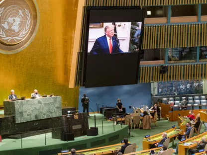 الرئيس الأميركي دونالد ترمب يتحدث خلال الدورة الخامسة والسبعين للجمعية العامة للأمم المتحدة في نيويورك. 22 سبتمبر 2020 - REUTERS