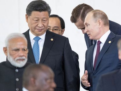 الرئيس الروسي فلاديمير بوتين والرئيس الصيني شي جين بينج ورئيس الوزراء الهندي ناريندرا مودي ورئيس جنوب إفريقيا سيريل رامافوزا خلال قمة "بريكس" في برازيليا. 14 نوفمبر 2019 