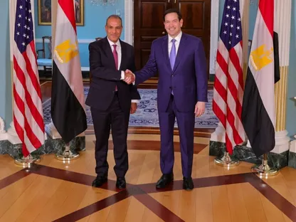 وزير الخارجية الأميركي ماركو روبيو خلال استقباله وزير الخارجية المصري بدر عبد العاطي في نيويورك. 10 فبراير 2025 - @MfaEgypt
