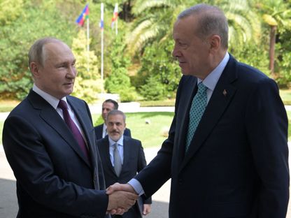 الرئيس الروسي فلاديمير بوتين يصافح نظيره التركي رجب طيب أردوغان  في منتجع سوتشي المطل على البحر الأسود. 4 سبتمبر 2023 - Reuters