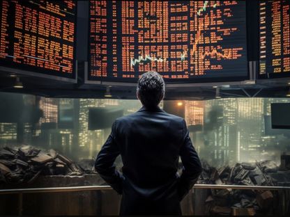 صورة تعبيرية أنتجتها "الشرق" بالذكاء الاصطناعي تظهر رجلاً يتابع انهيار سوق الأسهم جراء تعطل الإنترنت حول العالم. 8 ديسمبر 2023 - Midjourney