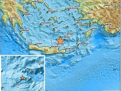صورة لمركز زلزال ضرب قبالة ساحل جزيرة كريت اليونانية. 22 مايو 2025 - EMSC