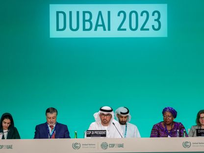 رئيس مؤتمر الأمم المتحدة بشأن تغير المناخ (COP 28) سلطان الجابر خلال الجلسة الافتتاحية للمؤتمر في دبي بالإمارات. 30 نوفمبر 2023 - AFP