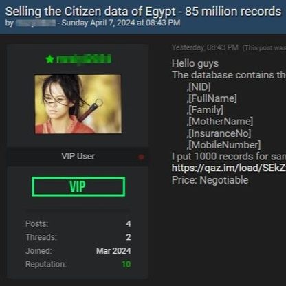 مجهول يزعم حصوله على 85 مليون سجل بيانات لمصريين على الإنترنت
