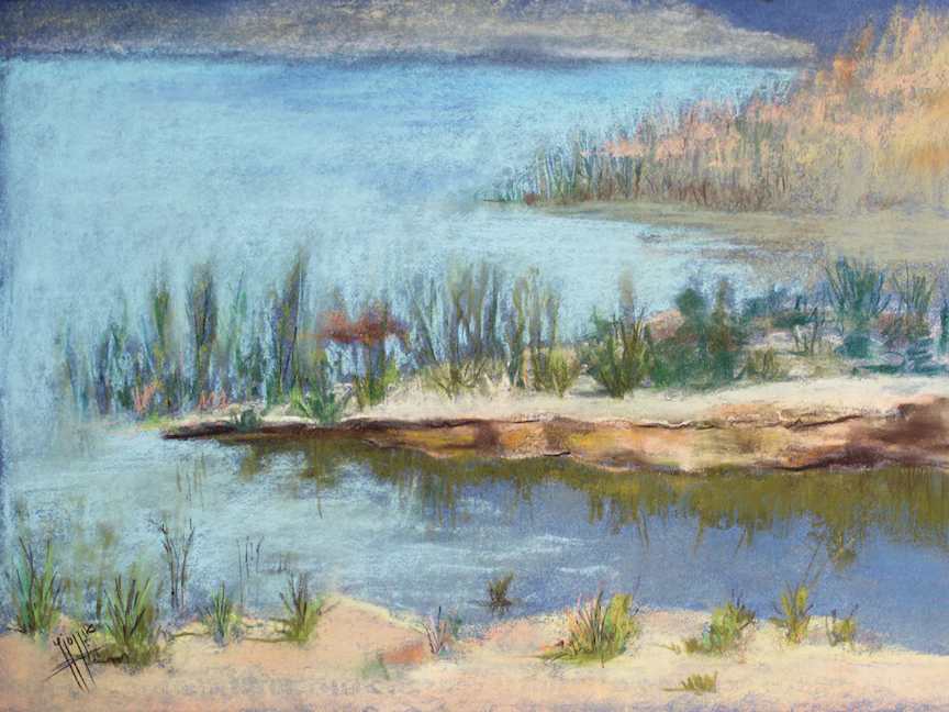 لوحة سوفت باستل للفنانة عبير رمزي (معرض المسحورة)، المركز المصري الثقافي بمتحف أحمد شوقي في القاهرة - الشرق