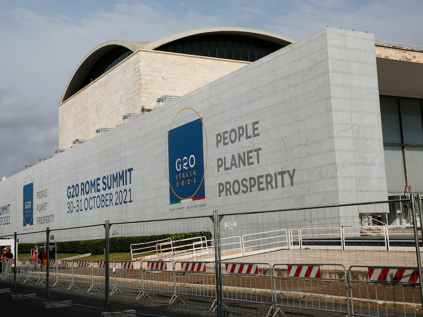 أحد المراكز المجهزة لاستضافة قمة مجموعة العشرين في العاصمة الإيطالية روما، 22 أكتوبر 2021 - REUTERS