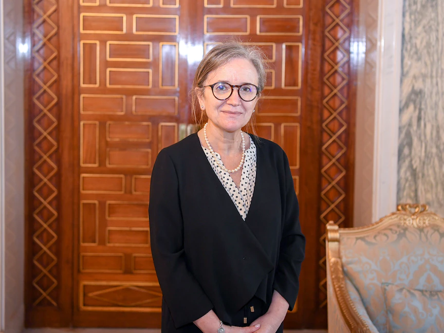 رئيسة وزراء تونس المكلفة نجلاء بودن خلال استقبالها في قصر قرطاج الرئاسي - 29 سبتمبر 2021 - via REUTERS