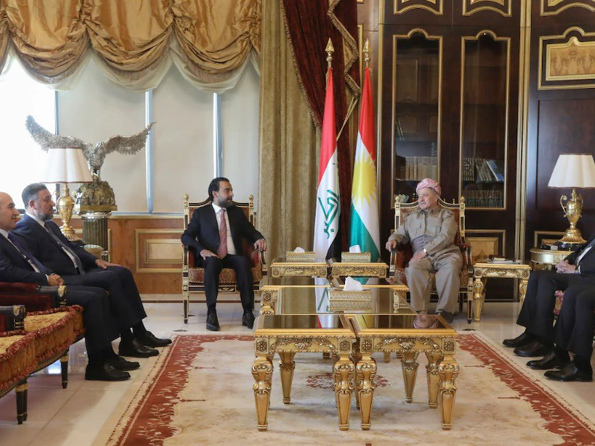 رئيس مجلس النواب العراقي محمد الحلبوسي ورئيس الحزب الديمقراطي الكردستاني مسعود برزاني في أربيل - 11 سبتمبر 2022 - TWITTER/@AlHaLboosii