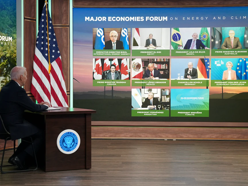 الرئيس الأميركي جو بايدن خلال اجتماع بالفيديو مع قادة أكبر الدول الصناعية. 20 أبريل 2023 - REUTERS