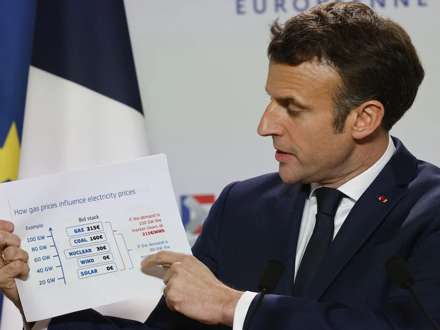 الرئيس الفرنسي إيمانويل ماكرون يعرض مخططاً بشأن كيفية تأثير الغاز على أسعار الكهرباء أثناء حديثه إلى الصحافة في قمة الاتحاد الأوروبي ببروكسل. 25 مارس 2022 - AFP