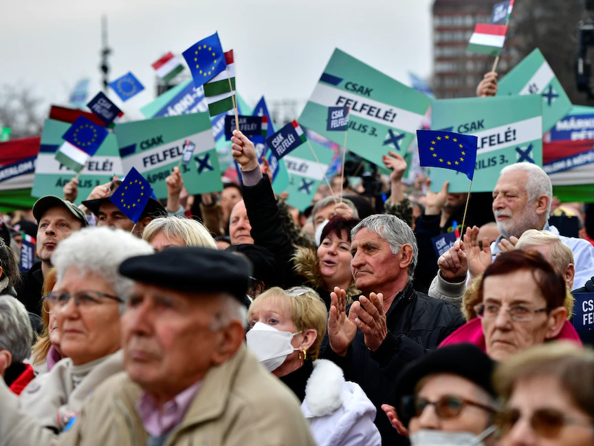 مظاهرة مشتركة نظمتها أحزاب المعارضة خلال احتفالات العيد الوطني المجري، بودابست، المجر - 15 مارس 2022 - REUTERS