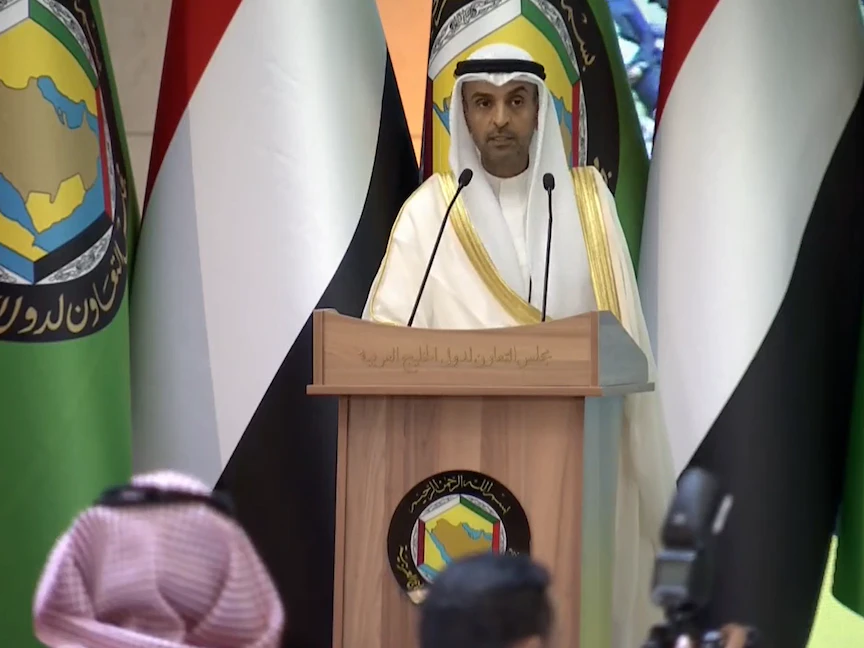 الأمين العام لمجلس التعاون الخليجي نايف فلاح مبارك الحجرف خلال افتتاح المشاورات اليمنية في الرياض- 30 مارس 2022