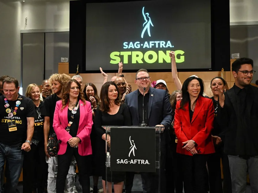 جانب من مؤتمر صحفي لنقابة ممثلي الشاشة (SAG-AFTRA) في لوس أنجلوس، كاليفورنيا، في 10 نوفمبر 2023. - AFP