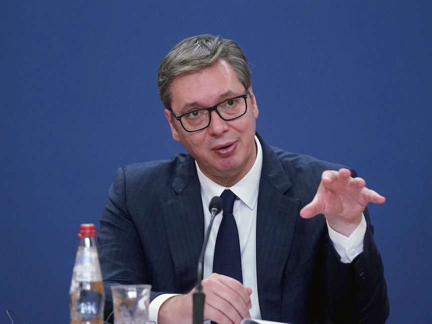 الرئيس الصربي ألكسندر فوتشيتش خلال مؤتمر صحافي في بلجراد - 7 سبتمبر 2022 - Bloomberg