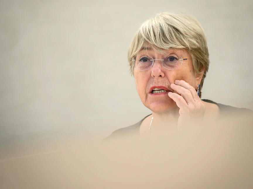 المفوضة العليا لحقوق الإنسان في الأمم المتحدة ميشيل باشليه أمام مجلس حقوق الإنسان التابع للأمم المتحدة في جنيف - 13 سبتمبر 2021. - AFP