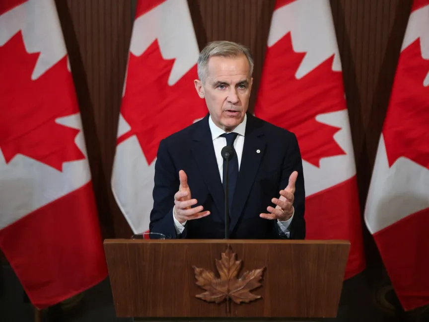 رئيس الوزراء الكندي مارك كارني يتحدث عن الرسوم الجمركية في مؤتمر صحافي في أوتاوا، أونتاريو، كندا. 3 أبريل 2025. - Reuters