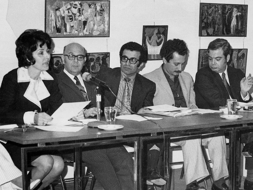 يوسف حبشي الأشقر وغسان كنفاني وحليم بركات وجميل جبر وإيميلي نصرالله. بيروت (1971) - AFP