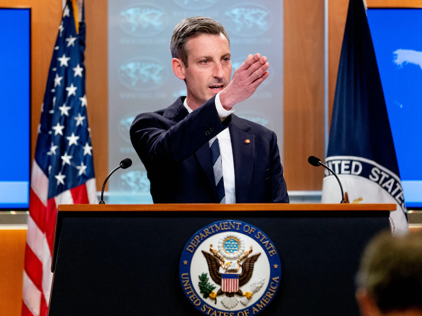 المتحدث باسم وزارة الخارجية الأميركية نيد برايس خلال مؤتمر صحافي في واشنطن- 28 فبراير 2022 - REUTERS