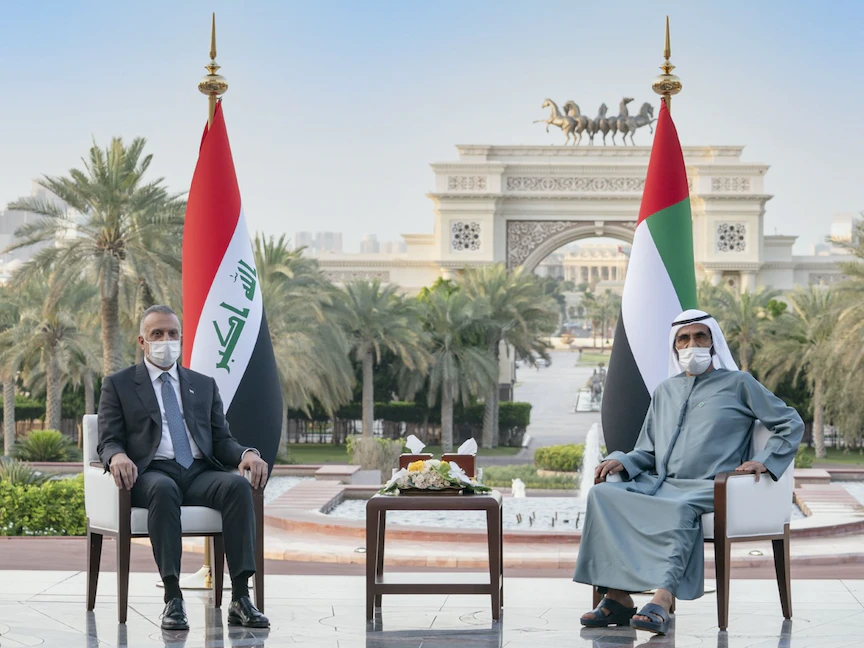 جانب من استقبال الشيخ محمد بن راشد آل مكتوم نائب رئيس دولة الإمارات رئيس مجلس الوزراء حاكم دبي لرئيس الوزراء العراقي مصطفى الكاظمي - وكالة أنباء الإمارات