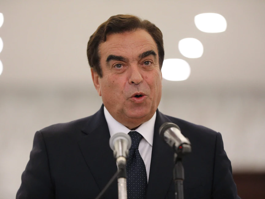 وزير الإعلام اللبناني جورج قرداحي أثناء حديثه في القصر الرئاسي في بعبدا، لبنان، 13 سبتمبر، 2021 - AFP