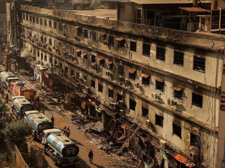 مركز جول بلازا التجاري في كراتشي بعد تعرضه لحريق هائل في باكستان. 20 يناير 2026 - Reuters