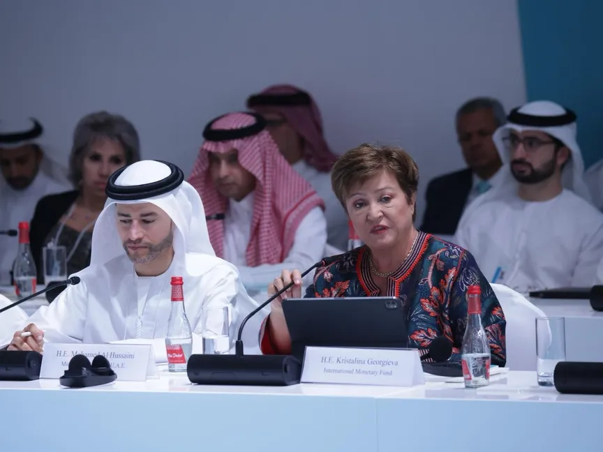 المديرة العامة لصندوق النقد الدولي كريستالينا جورجيف خلال مشاركتها بالمنتدى الثامن للمالية العامة في الدول العربية. دبي. 11 فبراير 2024 - "الشرق"