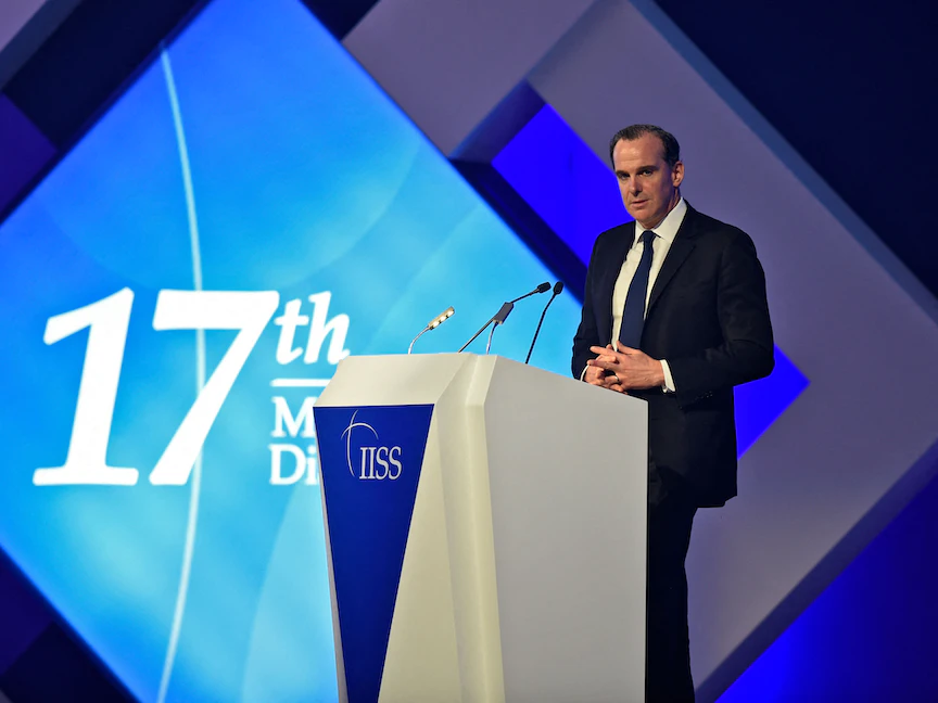 منسق شؤون الشرق الأوسط وشمال إفريقيا في مجلس الأمن القومي الأميركي بريت ماكجورك خلال مؤتمر حوار المنامة الـ17 في العاصمة البحرينية - 21 نوفمبر 2021 - AFP