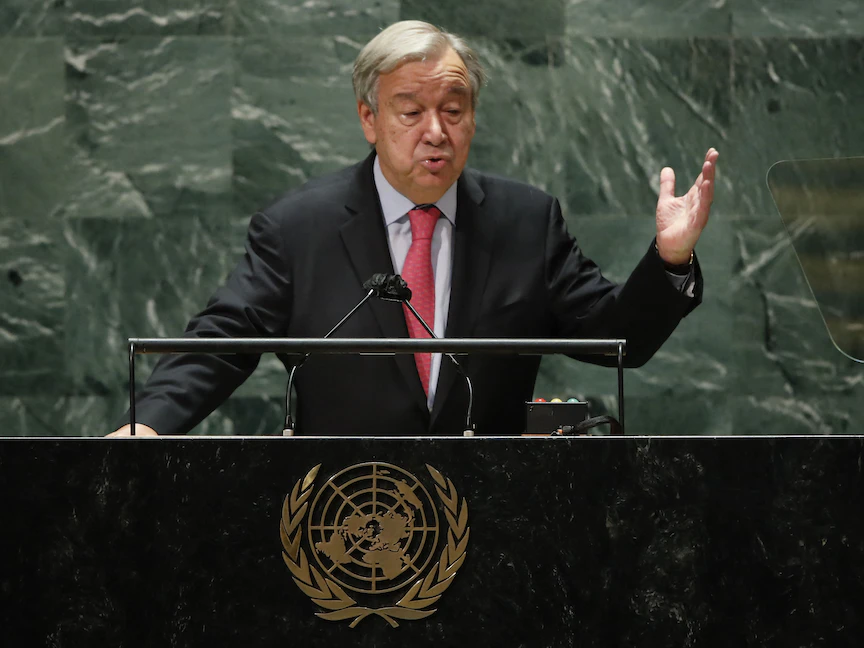 الأمين العام للأمم المتحدة أنطونيو جوتيريش خلال افتتاح أعمال الجمعية العامة للأمم المتحدة في نيويورك 21 سبتمبر 2021 - AFP
