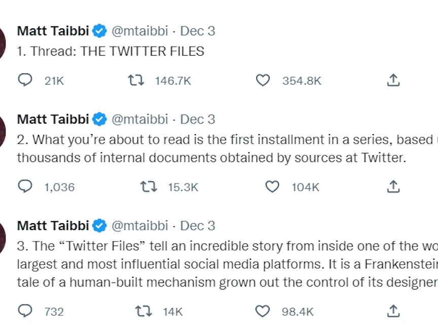 صورة لجزء من سلسلة تغريدات الصحافي مات تاييبي على تويتر - 3 ديسمبر 2022