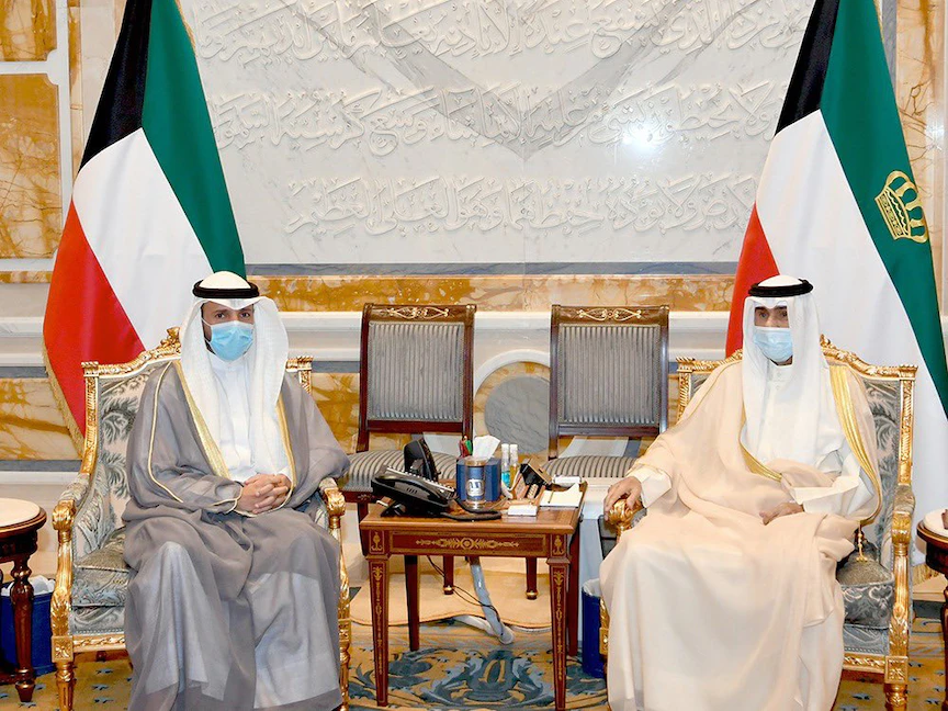 أمير الكويت الشيخ نواف الأحمد الجابر الصباح خلال استقباله رئيس مجلس الأمة مرزوق علي الغانم في قصر بيان - الكويت - 29 سبتمبر 2021 - kna.kw
