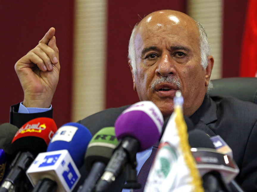 جبريل الرجوب، أمين سر حركة "فتح" خلال مؤتمر صحافي في مدينة رام الله بالضفة الغربية – 6 يونيو 2018 - AFP