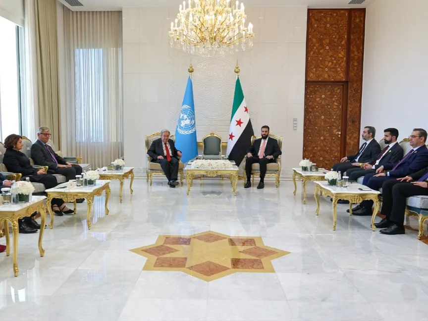 الرئيس السوري أحمد الشرع يستقبل الأمين العام للأمم المتحدة أنطونيو جوتيريش في قصر الشعب بالعاصمة دمشق. 25 يوليو 2026 - الرئاسة السورية