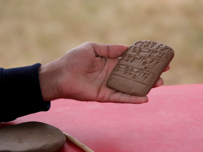لوح جلجامش معروض على منصة خلال حفل إعادة الآثار إلى العراق (صورة أشيفية) - REUTERS