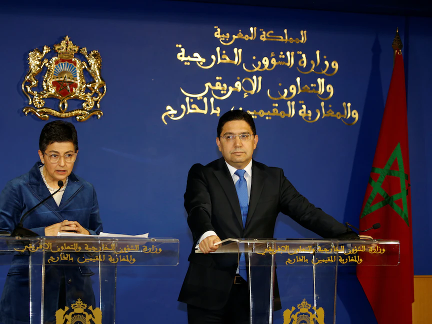 وزير الخارجية المغربي ناصر بوريطة في موتمر صحافي مشترك مع وزيرة الخارجية الإسبانية أرانشا غونزاليس لايا، الرباط، 24 يناير 2020 - REUTERS