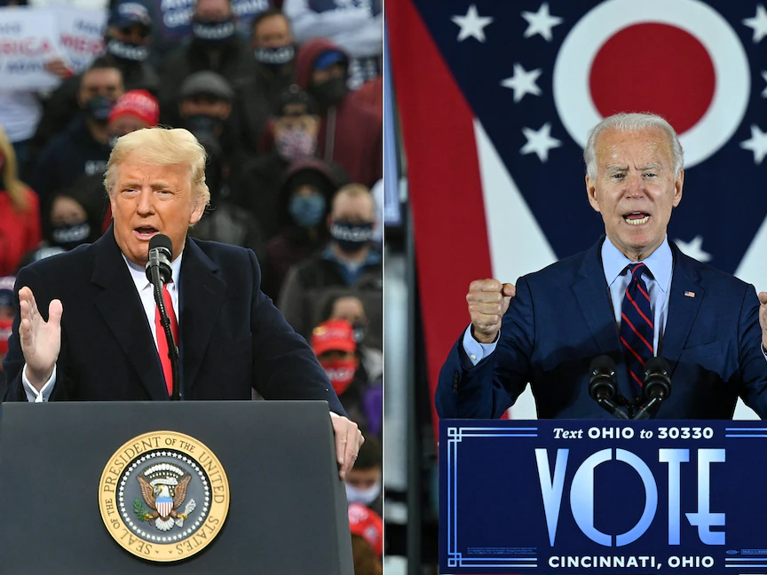 صور تظهر الرئيس الأميركي جو بايدن وسلفه دونالد ترمب يتحدثان خلال تجمعين انتخابيين- أكتوبر 2020 - AFP