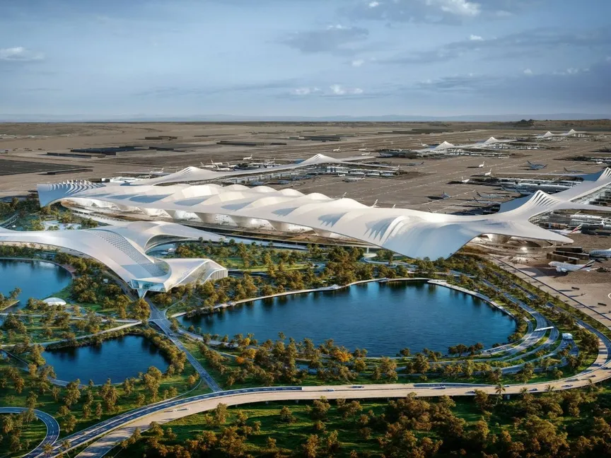 رسم فني لمطار آل مكتوم الجديد في دبي. - X.com/@HHShkMohd