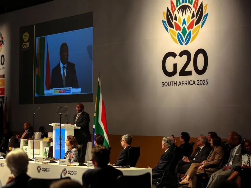 رئيس جنوب إفريقيا سيريل رامابوسا يتحدث خلال اجتماعات وزراء مالية مجموعة العشرين في كيب تاون بجنوب البلاد. 26 فبراير 2025 - Bloomberg