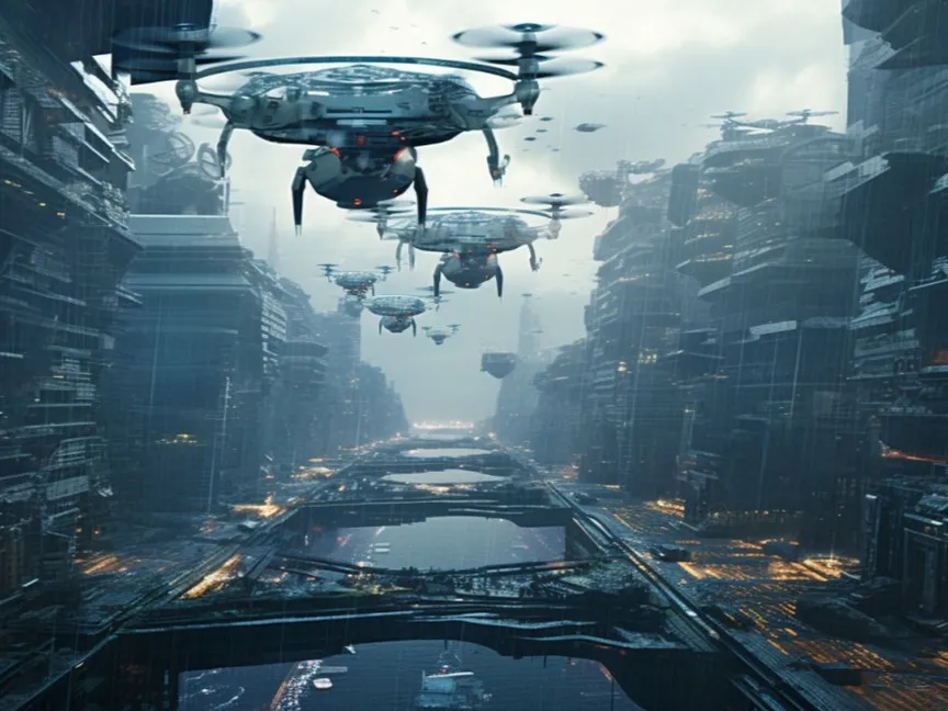 صورة أنتجتها الشرق بالذكاء الاصطناعي لطائرات مدنية من دون طيار في مدينة مستقبلية على كوكب الأرض. 27سبتمبر 2023. - Midjourney
